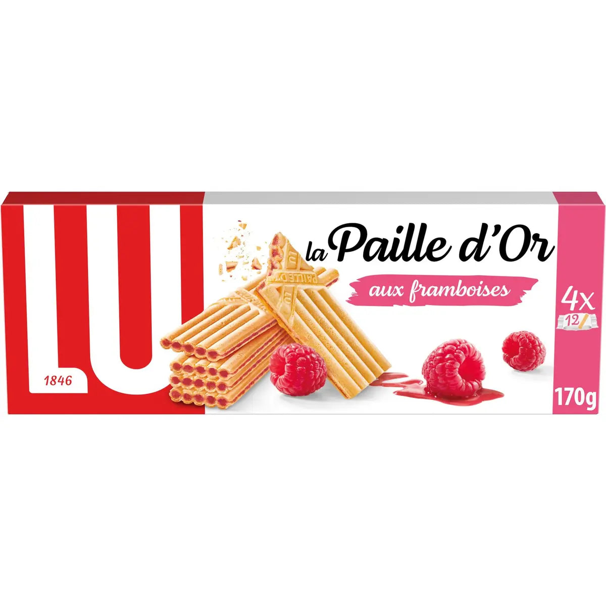 LU Paille d'Or aux framboises - Wafeltjes met frambozenvulling in handige individuele zakjes - 170g - 4 zakjes, zonder kleurstoffen, zonder conserveermiddel